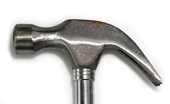 Hammer head with metal shaft against white background