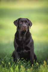 Beautiful chocolate brown labrador retriever dog sitting in the green grass on the summer green background