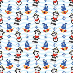 Fototapeta na wymiar Seamless pattern on the theme of pirates on a striped background. Children's vector pattern. Children's holiday, kids' party, games, baby shower.