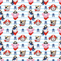 Seamless cartoon pattern on the theme of pirates on a striped background. Children's vector pattern. Children's holiday, kids' party, games, baby shower.