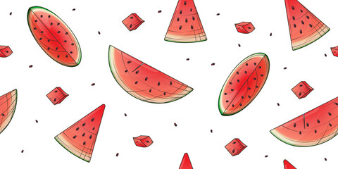 Seamless pattern with vector illustration of watermelons. Bright illustration for design of fabric, textile, texture, decoration of wrapping paper, card.