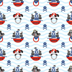 Seamless pattern on the theme of pirates on a striped background. Children's vector pattern. Children's holiday, kids' party, games, baby shower.