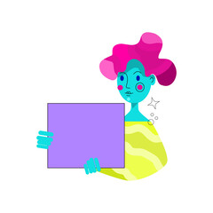 Girl holding a blank board. Add your own text. Vector illustration. Isolated on white background. 