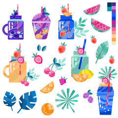 Set with summer cocktails in Jar, a fruits, berries, and leaves of exotic plants. Can be used for branding, patterns, stickers, bar menu. Vector design elements. 