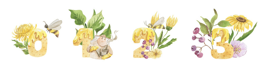 Watercolor illustration of a number with honey, honeycombs, bees