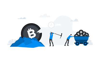 Flat vector illustration. Animation ready duik friendly vector. Conceptual business story. Cryptocurrency exchange, blockchain technology, bitcoin, cryptocurrency mining, digital money market.