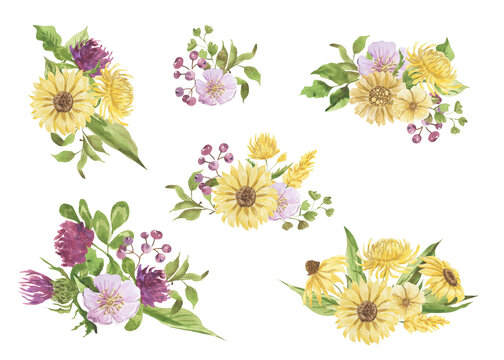 Watercolor illustrations of flower bouquets