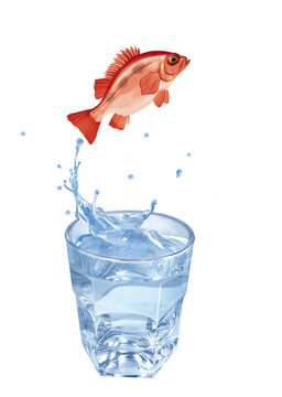 s&eacute;baste   , poisson, sauter, &eacute;vasion, p&ecirc;che, eau, en verre, boire, liquide, froid, verser, isol&eacute;, blanc, clapoter, &eacute;claboussure, bouillonner, boisson, bleu, abattre, clair, frais, glace, sain, propre,