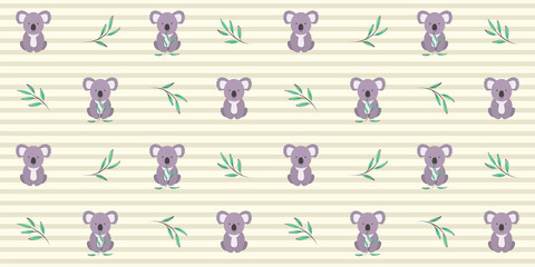 Cute koala with eucalyptus twigs on a beige striped background. Endless texture with adorable Australian animal. Vector seamless pattern for cover, wrapping paper, surface texture, printing on clothes