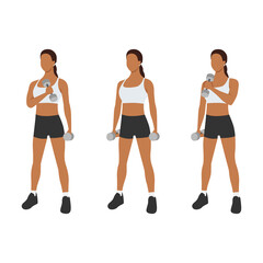 Woman doing Standing cross chest curl exercise. Flat vector illustration isolated on white background