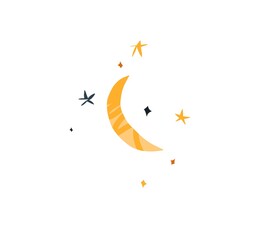 A magical cosmic crescent that glows like the sun and stars. Mystical spiritual,abstract symbol doing magic with stars and moon.Cartoon style.Hand drawn contemporary art, isolated vector illustration.