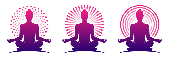 Woman yoga purple logo vector templates. Meditating female in a lotus zen pose with a round halo.