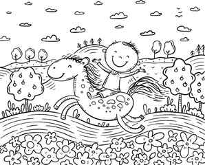 Cartoon illustration of a kid riding horse, coloring page