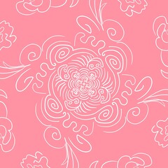 seamless white pattern on pink background. Seamless pattern with hearts and weaving. Lace, knitting,geometry, background,	