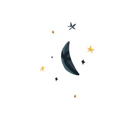 A magical cosmic crescent that glows like the sun and stars. Mystical spiritual,abstract symbol doing magic with stars and moon.Cartoon style.Hand drawn contemporary art, isolated vector illustration.