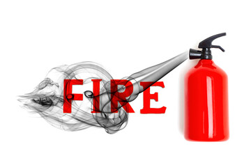 Toy fire extinguisher and word FIRE in black smoke