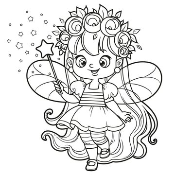 Cute little longhaired fairy girl with a Magic wand outlined isolated on a white background