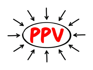 PPV Pay Per View - type of pay television or webcast service that enables a viewer to pay to watch individual events via private telecast, acronym text concept with arrows