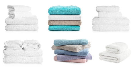 Set of folded colorful towels on white background. Banner design