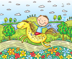 Cartoon illustration of a kid riding horse
