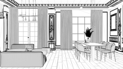 Blueprint project draft, minimalist furniture in classic apartment, living and dining room with table and armchairs, sofa. Plaster molded walls and parquet. Baroque interior design