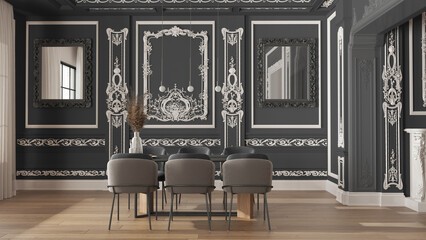 Modern furniture in classic apartment in gray tones, minimalist dining room with table and armchairs, sofa, pendant lamps. Plaster molded walls and parquet. Vintage interior design