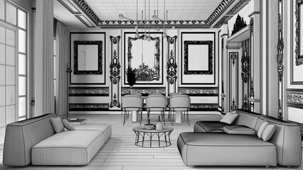 Unfinished project draft, minimalist furniture in classic apartment, living and dining room with table and armchairs, sofa. Plaster molded walls and parquet. Baroque interior design