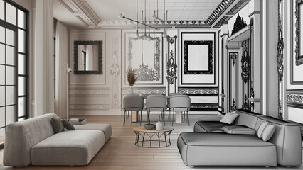 Architect interior designer concept: hand-drawn draft unfinished project that becomes real, living and dining room with table and armchairs, sofa. Plaster molded walls and parquet
