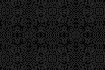 Embossed original black background, ethnic cover design. Geometric 3D pattern. Modern texture idea in handmade style of the peoples of the East, Asia, India, Mexico, Aztecs, Peru.