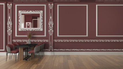 Modern furniture in classic apartment in red tones, dining room, modern table and chairs. Parquet and plaster molded walls. Background with copy space, mock up. Interior design idea