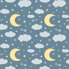 Cartoon boho pastel moon and stars seamless pattern on dark background. Design for baby bedroom, textile, wallpaper, fabric.