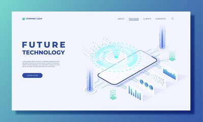 Fototapeta na wymiar Technology isometric concept for landing page, smartphone in isometry. Isometric illustration for web template design.