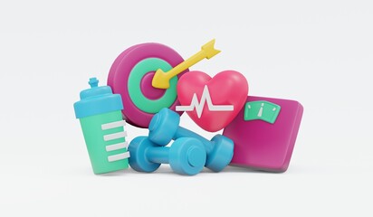 3D Rendering set of goal of cardio exercise icon heart rate scale target dumbbell and water bottle concept of workout achievement isolated on white background. 3D Render illustration cartoon style.