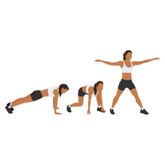 Woman doing Surfer burpees exercise. Flat vector illustration isolated on white background