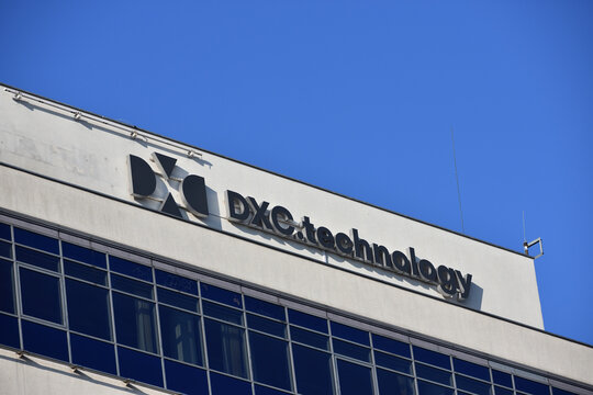DXC Technology signage, logo on the facade DXC Technology Polska, part of American multinational information technology services and consulting company. WARSAW, POLAND - JANUARY 9, 2022