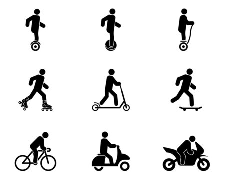 Electric Urban Transport Rent Black Silhouette Icon Set. Man Gyroscooter Bike Roller Skate Board Kick Scooter Unicycle Glyph Pictogram. Eco Device Transportation Symbol. Isolated Vector Illustration