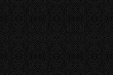 Embossed vintage artistic black background, ethnic cover design. Geometric 3D pattern, arabesques. Modern texture idea in handmade style of the peoples of the East, Asia, India, Mexico, Aztecs, Peru.