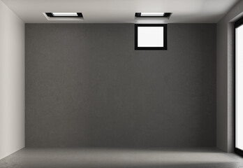 Front view of an empty space for a bedroom. Large window with natural light. Skylights in the roof. Dark colored walls. Parquet