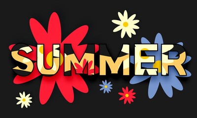 Abstract summer composition. Juicy colors, bold combinations. Food and fruit, daisies and ice cream. Text 
