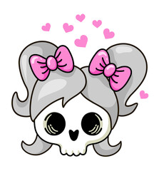 Cute artoon Skull on a white background. Very cute Skull with bow and pink heart vector illustration.