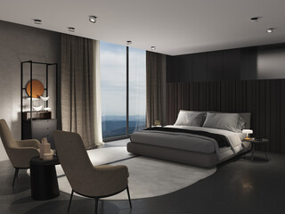 Minimalist room, bed with sheets and cushions. Hotel style room with large window with natural light. To become night. In ceiling led lights