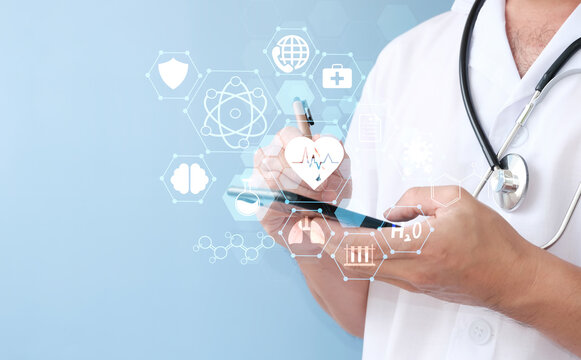 Doctor examines an electronic medical record on smart phone. DNA. Digital healthcare and network connectivity via hologram modern virtual screen interface, medical technology, and futuristic concept
