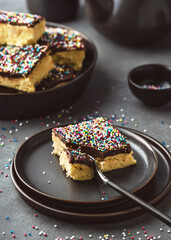 Delicious piece of homemade cake with dark chocolate icing and colorful sugar sprinkle served on one plate. Rustic style. Selective focus. 