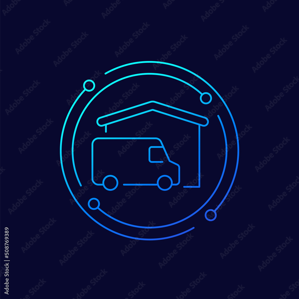 Sticker Home delivery icon with van and house, linear design