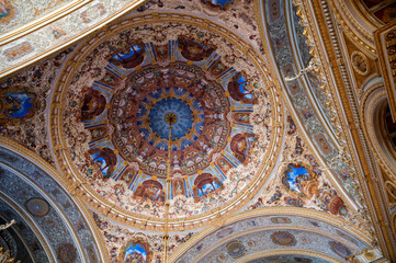 ISTANBUL, TURKEY - January 2022: ceiling of Ceremonial Hall in Dolmabahce Palace