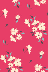 Seamless pattern with liberty hand drawn plants on a pink field. Feminine floral print, elegant botanical background with small flowers, twigs and leaves. Vector illustration.