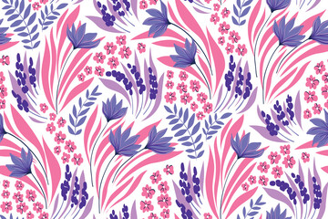 Fototapeta na wymiar Seamless pattern with liberty hand drawn meadow, wild field with painting plants on white background. Romantic floral print, artistic surface design with purple, pink flowers, leaves, herbs. Vector.