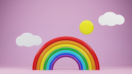 Obraz premium cartoon rainbow with sun and clouds, 3d render