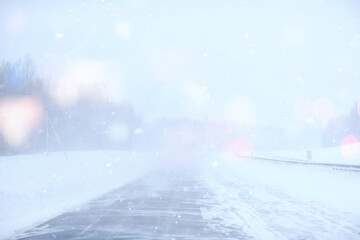 winter highway snowfall background fog poor visibility