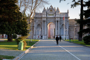 ISTANBUL, TURKEY - January 2022: Dolmabahce Entrance ot Gate of Treasure